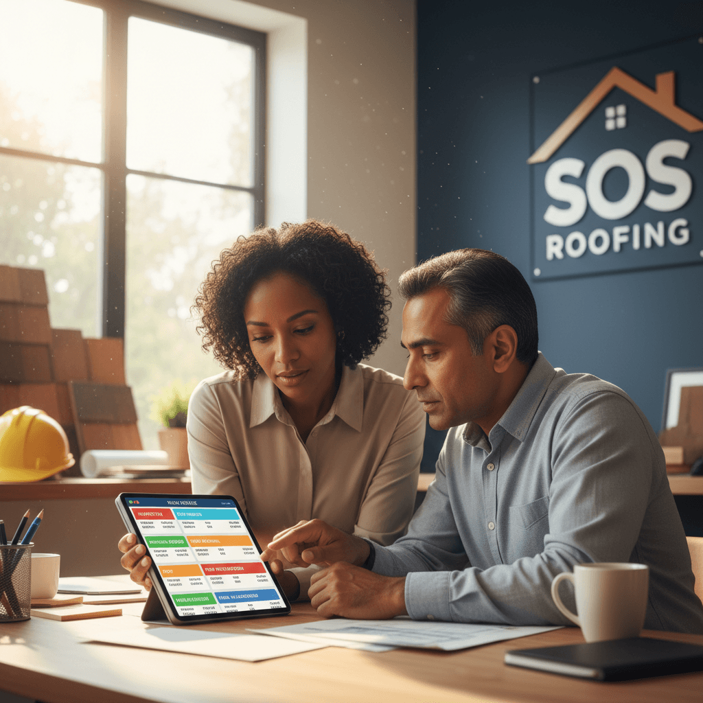 SOS Roofing coordinator reviewing roof project timeline and repair sequence with homeowner