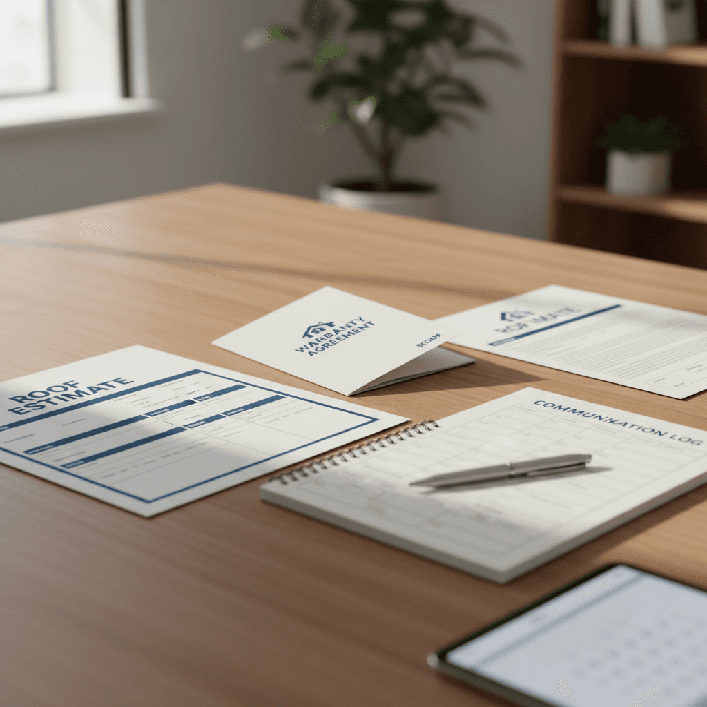 Roof project documentation including estimates, warranties, and communication logs