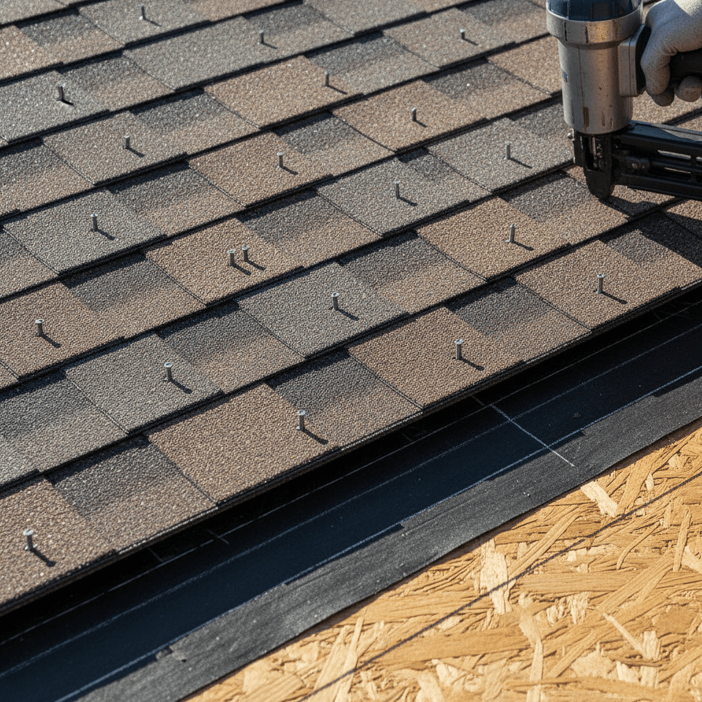 Close-up of new roof shingles and professional installation detail
