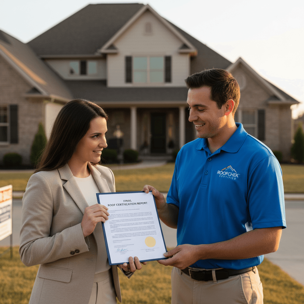 Homeowner receiving roof certification report for home sale