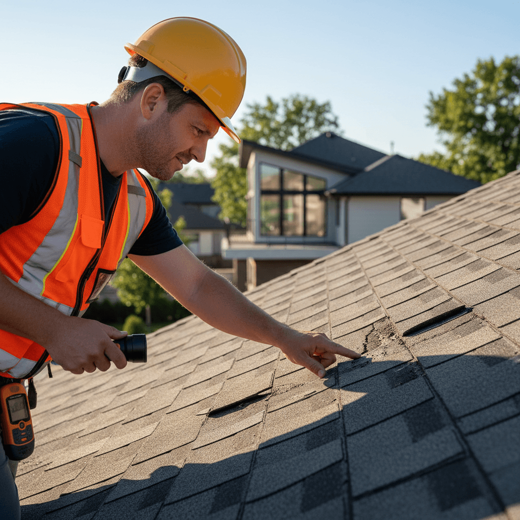 Licensed roofing inspector examining roof shingles during professional assessment
