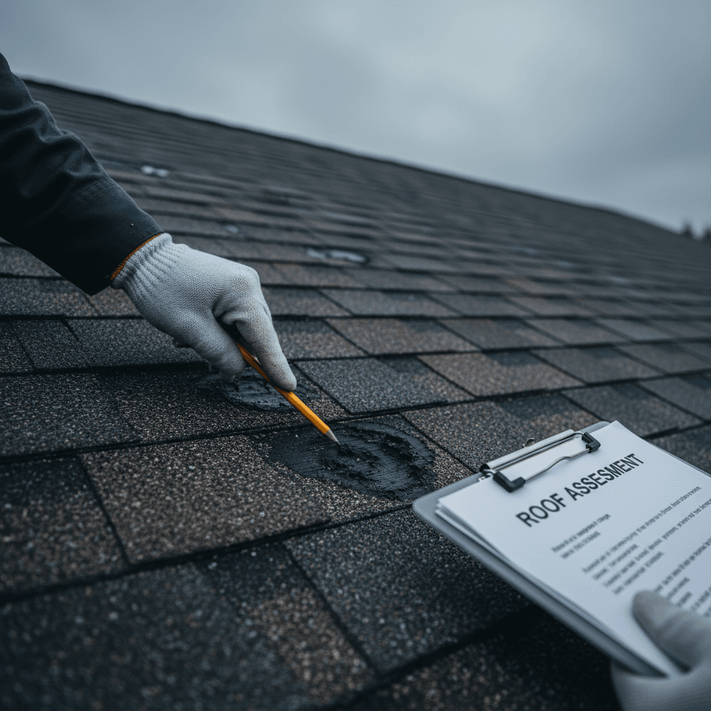 Close-up of hail damage being documented on roof shingles