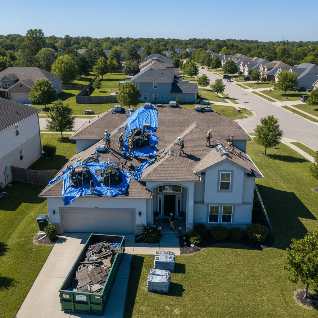 Full roof replacement project showing staged materials and installation
