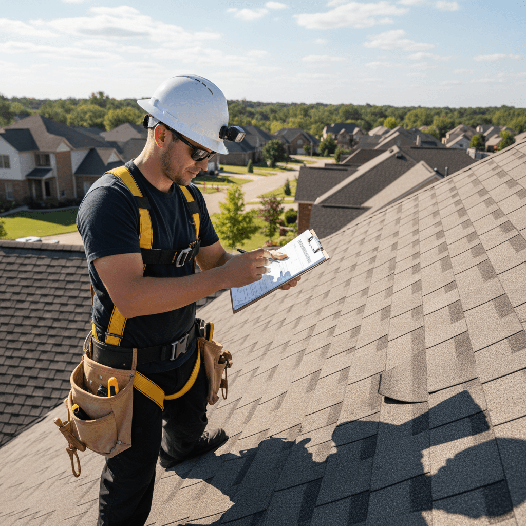 Licensed roofer conducting professional roof inspection