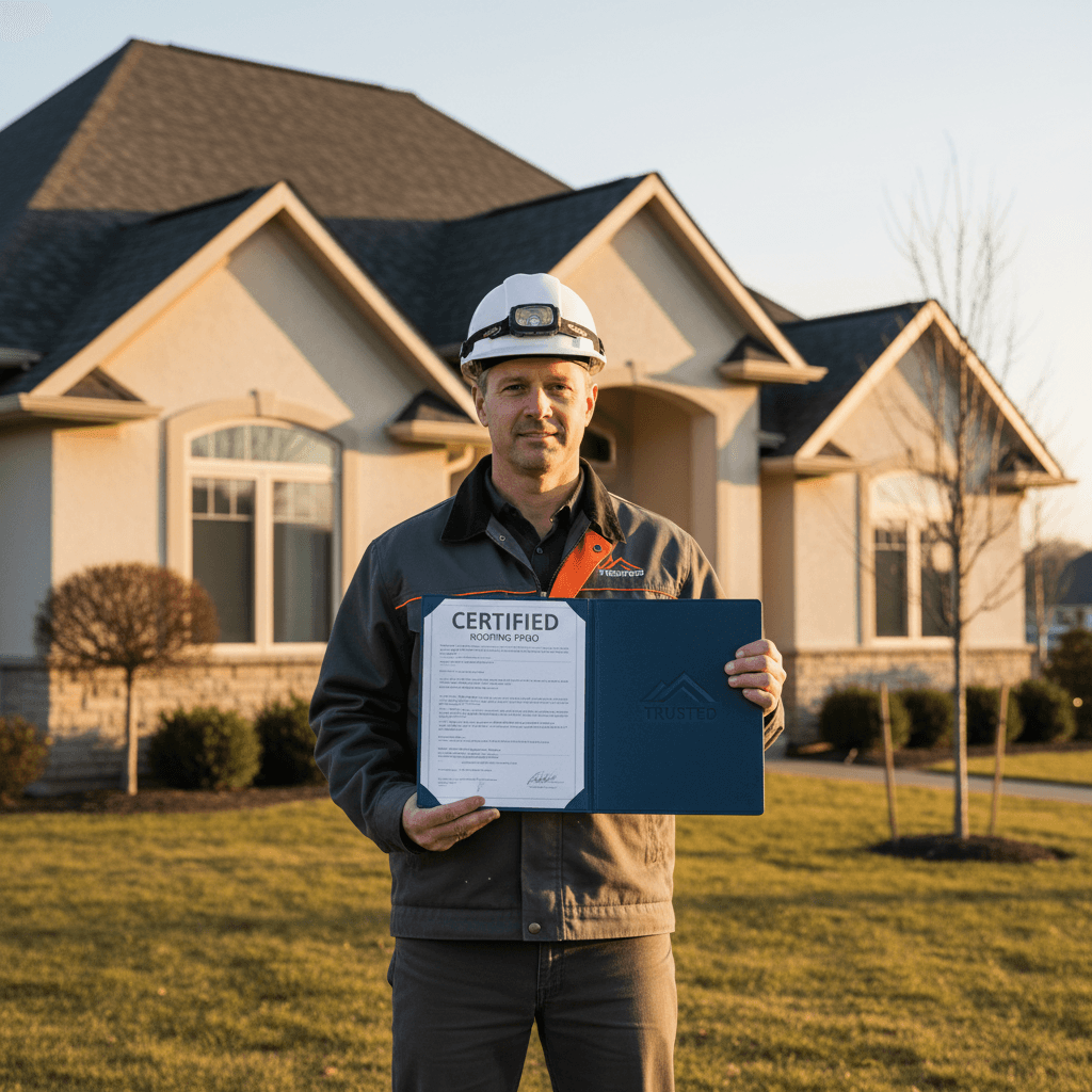 Licensed roofing professional displaying credentials and insurance documents
