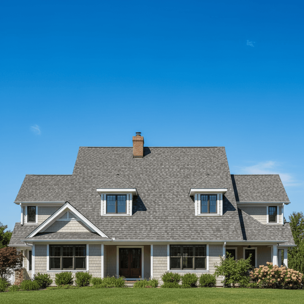 Completed residential roof installation under clear sky