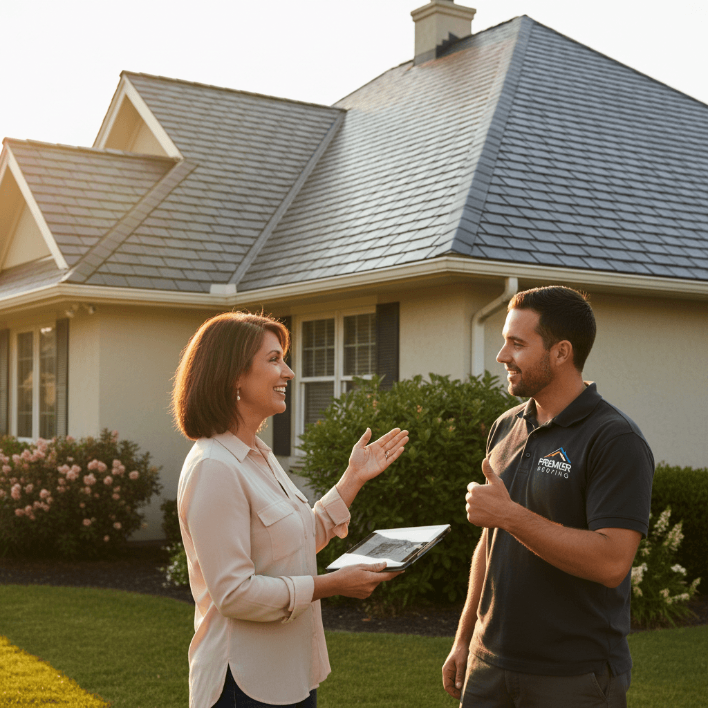 Homeowner and roofing contractor reviewing completed roof installation