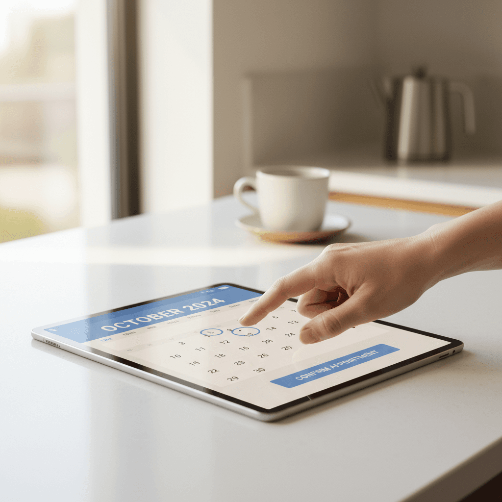 Homeowner scheduling roof inspection appointment on tablet