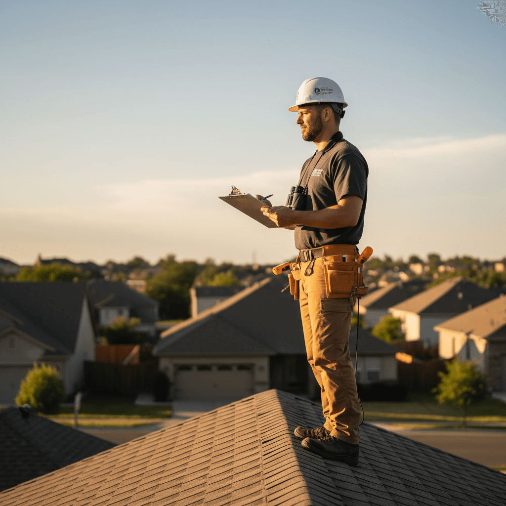 Licensed roofing professional reviewing roof assessment on residential home