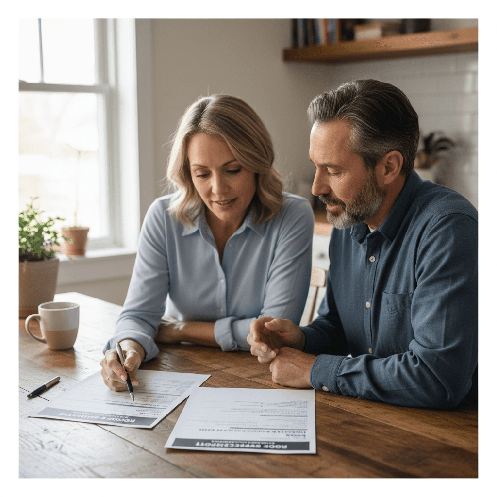 Homeowner and roofer reviewing roof repair estimates