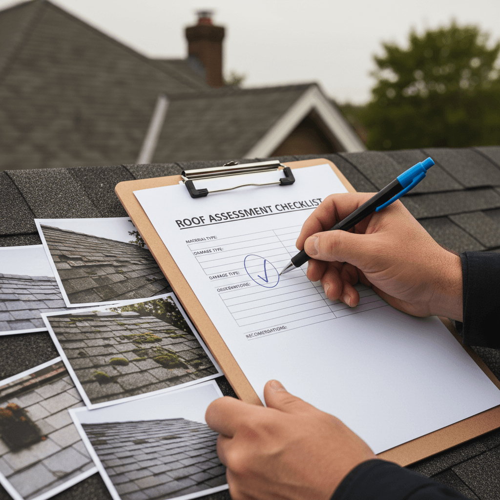 Inspector documenting roof damage findings on assessment checklist and photos