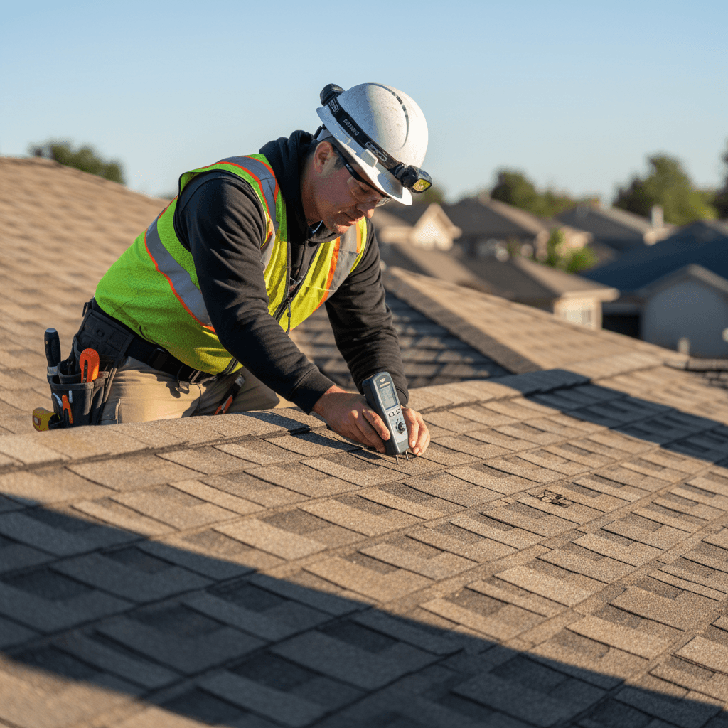 Professional roof inspector assessing shingle condition