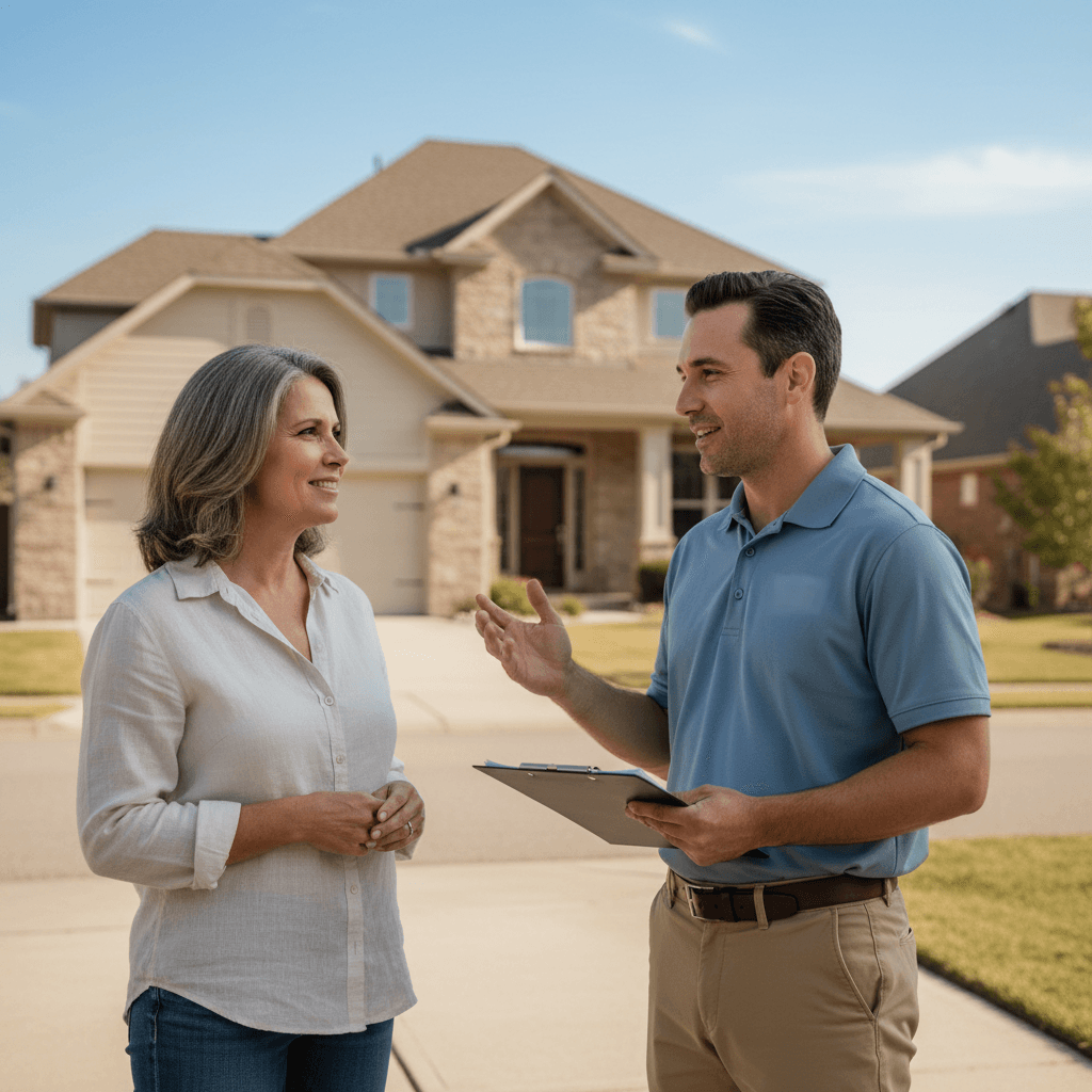 Homeowner and roofing inspector discussing free inspection findings