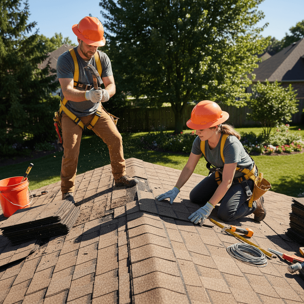 Licensed roofing contractors performing shingle repair work