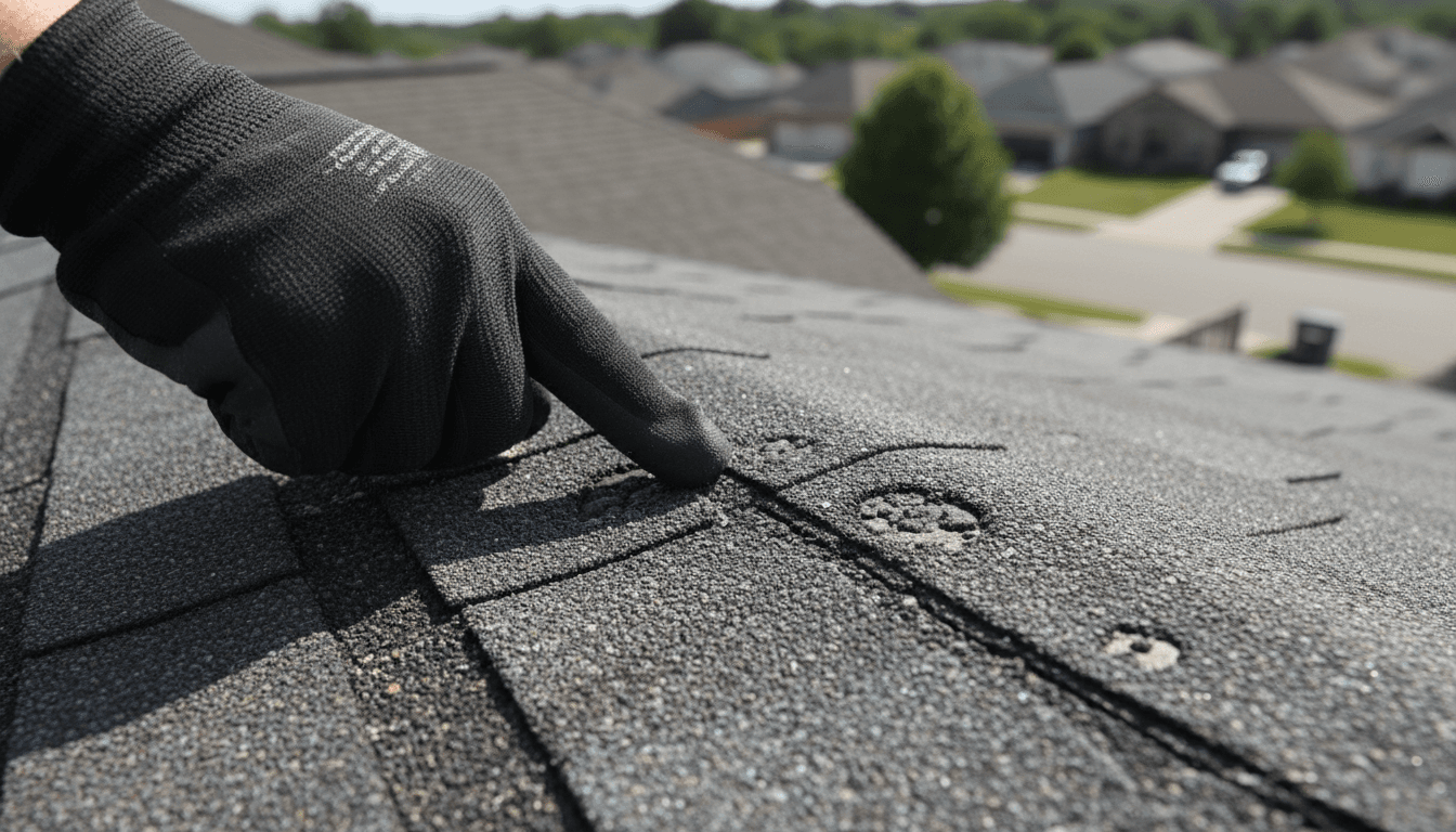 Professional roof inspector examining shingles for damage