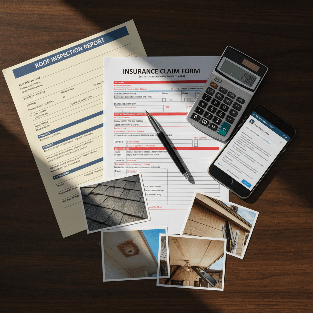 Insurance-ready roof assessment documents and damage photos arranged on desk