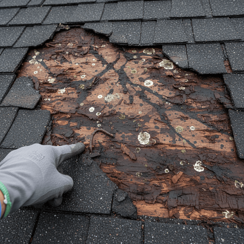 Close-up of roof damage showing water staining and deteriorated shingle details